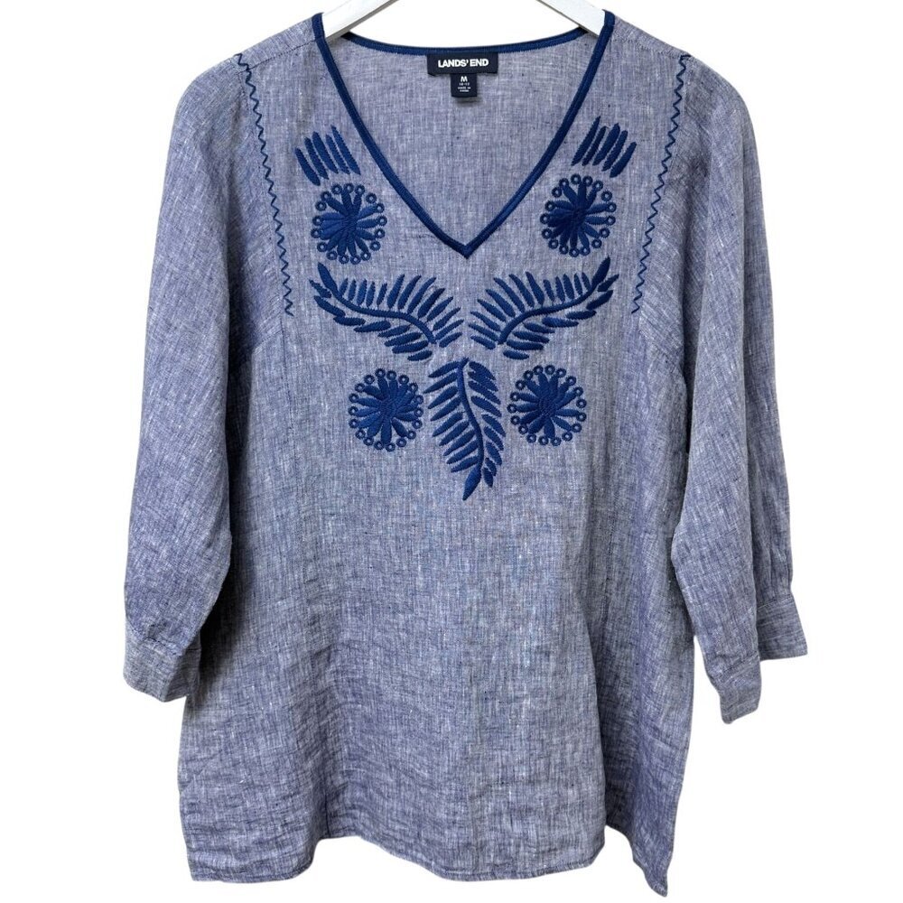 LANDS END Linen Top Medium Blue Embroidered Womens Blouse Pullover Boho